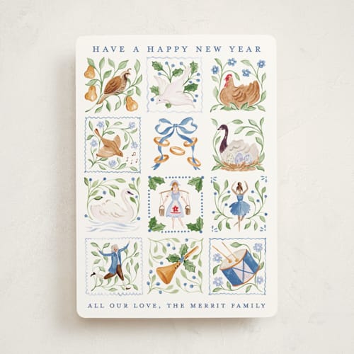 This is a goose egg non photo holiday cards with standard by Sarah Knight called 12 days of christmas stamps printing on signature in standard