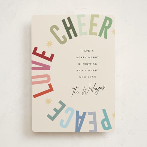 This is a confetti non photo holiday cards with standard by Pixel and Hank called holiday three printing on signature in standard