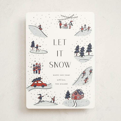 This is a snow day non photo holiday cards with standard by Lauren Jinhee called snowy scenes printing on signature in standard