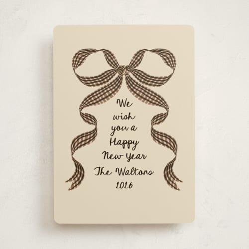 This is a spice non photo holiday cards with standard by Leah Bisch called gingham ribbon printing on signature in standard