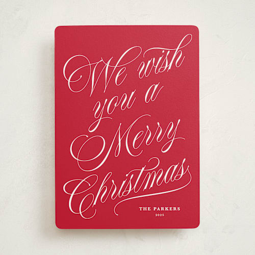 This is a cranberry non photo holiday cards with standard by Kate Ahn called with flourish printing on signature in standard