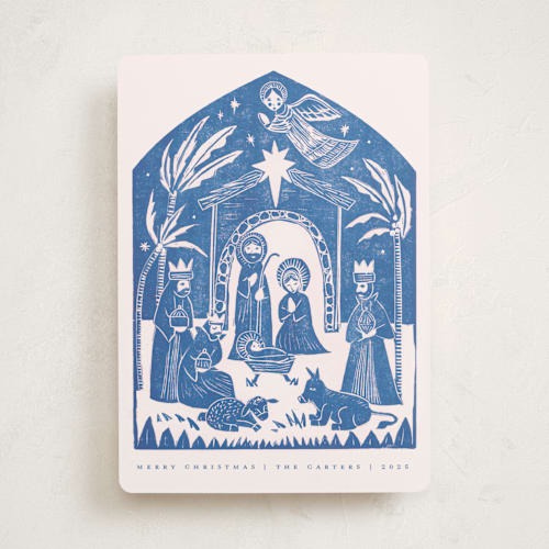 This is a sky non photo holiday cards with standard by Teju Reval called linocut nativity printing on signature in standard
