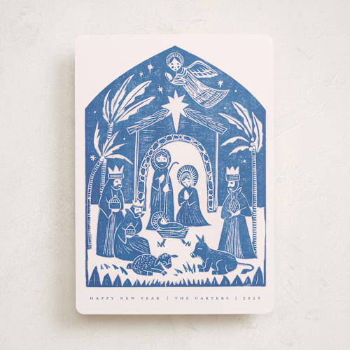 This is a sky non photo holiday cards with standard by Teju Reval called linocut nativity printing on signature in standard