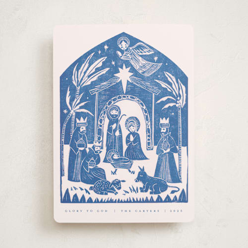 This is a sky non photo holiday cards with standard by Teju Reval called linocut nativity printing on signature in standard