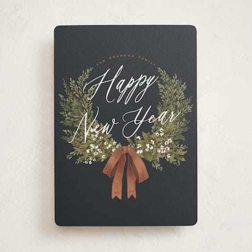 This is a toffee non photo holiday cards with standard by Leah Bisch called greenery printing on signature in standard