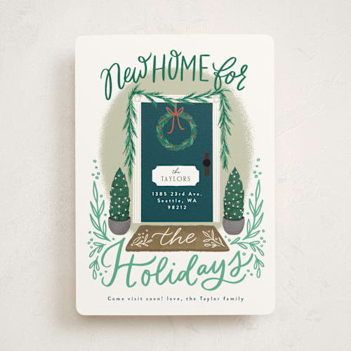 This is a wreath non photo holiday cards with standard by Alethea and Ruth called new home front door printing on signature in standard