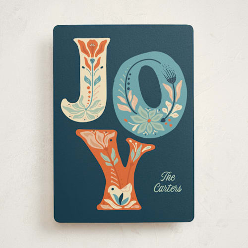 This is a navy non photo holiday cards with standard by GeekInk Design called scandi joy printing on signature in standard