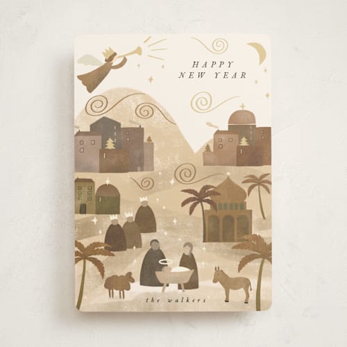 This is a desert non photo holiday cards with standard by Maja Cunningham called gilded nativity printing on signature in standard