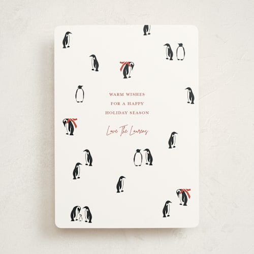 This is a candy cane non photo holiday cards with standard by Lauren Jinhee called march of the penguins printing on signature in standard