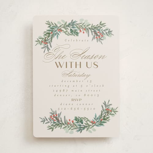 This is a toffee holiday party invitations with standard by Ashlee Townsend called merry and happy printing on signature in standard