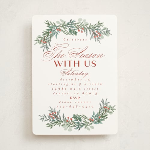 This is a snow holiday party invitations with standard by Ashlee Townsend called merry and happy printing on signature in standard