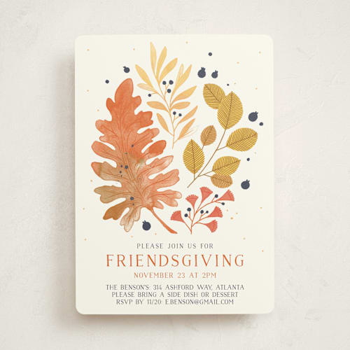 This is a tangerine holiday party invitations with standard by Paper Raven Co. called rustic friendsgiving printing on signature in standard