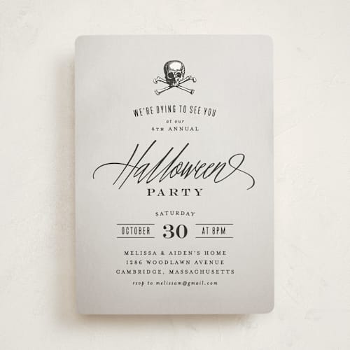 This is a pewter holiday party invitations with standard by Hooray Creative called dying to see you printing on signature in standard