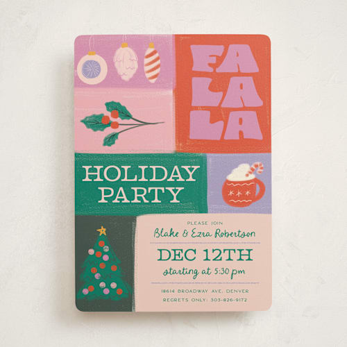 This is a fruitcake holiday party invitations with standard by Jenna Holcomb called colorblock printing on signature in standard