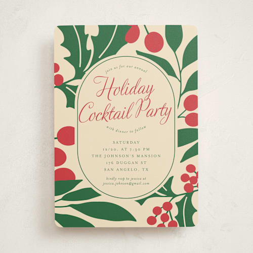 This is a vanilla holiday party invitations with standard by Deynaaz Daraei called celosia printing on signature in standard