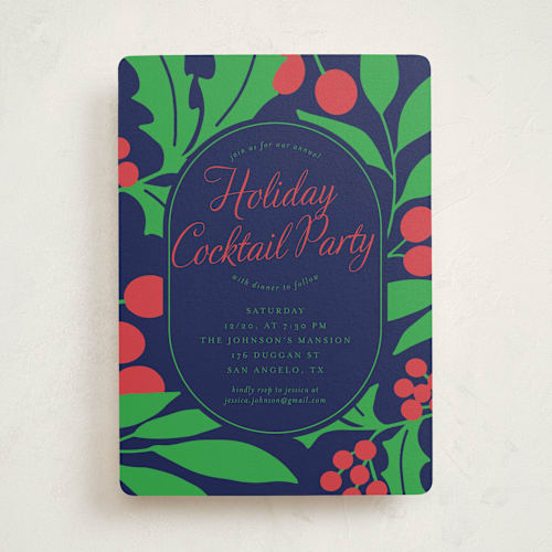 This is a navy holiday party invitations with standard by Deynaaz Daraei called celosia printing on signature in standard