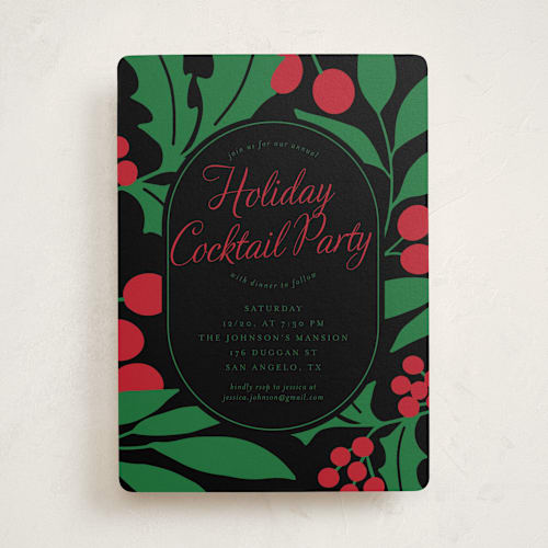 This is a midnight holiday party invitations with standard by Deynaaz Daraei called celosia printing on signature in standard