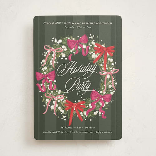 This is a forest holiday party invitations with standard by Jackie Crawford called bow wreath printing on signature in standard