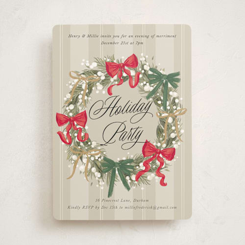 This is a tinsel holiday party invitations with standard by Jackie Crawford called bow wreath printing on signature in standard