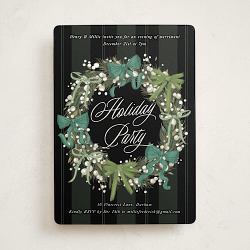 This is a coal holiday party invitations with standard by Jackie Crawford called bow wreath printing on signature in standard