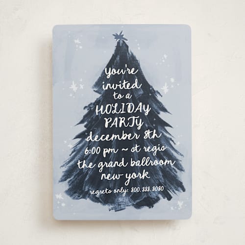 This is a blue bell holiday party invitations with standard by AK Graphics called painted tree printing on signature in standard