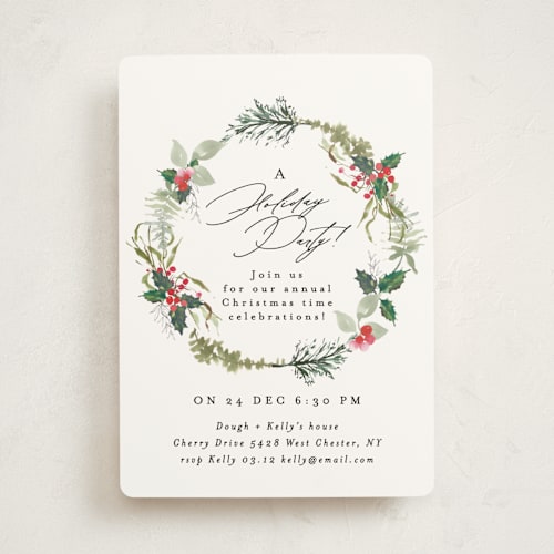 This is a snow holiday party invitations with standard by Phrosné Barwood called fresh wreath printing on signature in standard