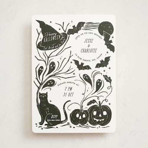 This is a cauldron holiday party invitations with standard by Sarah Knight called eat, drink & be scary printing on signature in standard