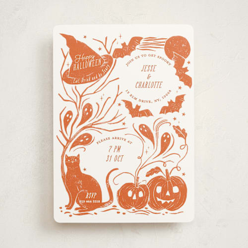 This is a candy corn holiday party invitations with standard by Sarah Knight called eat, drink & be scary printing on signature in standard