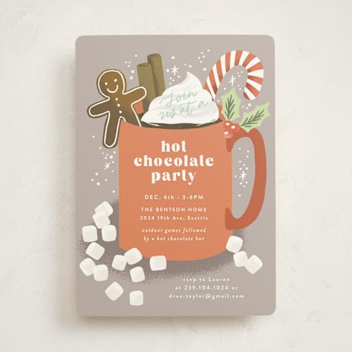 This is a caramel holiday party invitations with standard by Alethea and Ruth called hot chocolate printing on signature in standard