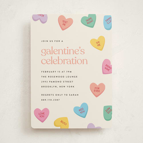 This is a pastel holiday party invitations with standard by Ellen Schlegelmilch called candy hearts printing on signature in standard