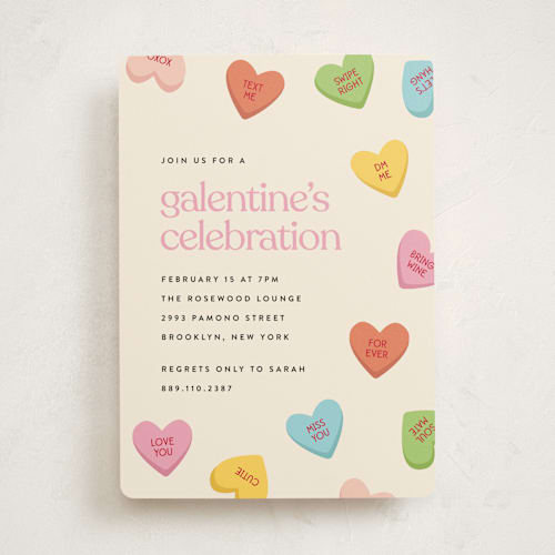 This is a bright holiday party invitations with standard by Ellen Schlegelmilch called candy hearts printing on signature in standard