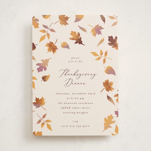 This is a parchment holiday party invitations with standard by Jamie Alexander called autumn leaves printing on signature in standard