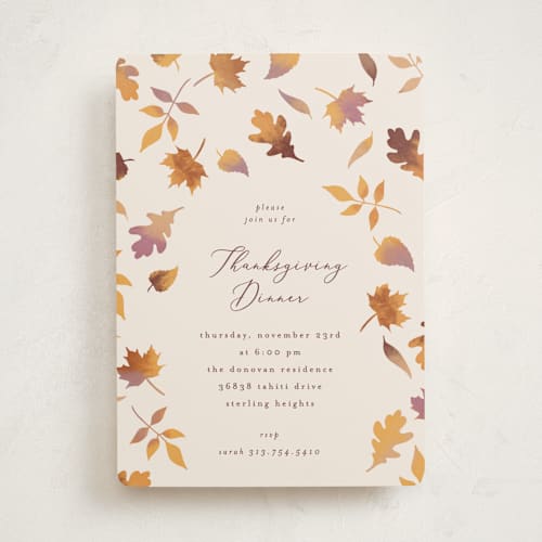 This is a parchment holiday party invitations with standard by Jamie Alexander called autumn leaves printing on signature in standard