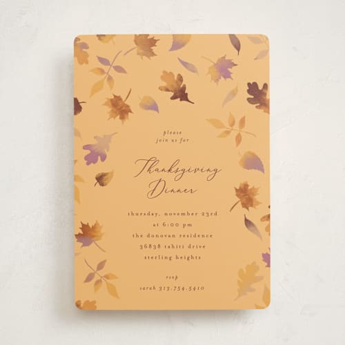 This is a ochre holiday party invitations with standard by Jamie Alexander called autumn leaves printing on signature in standard