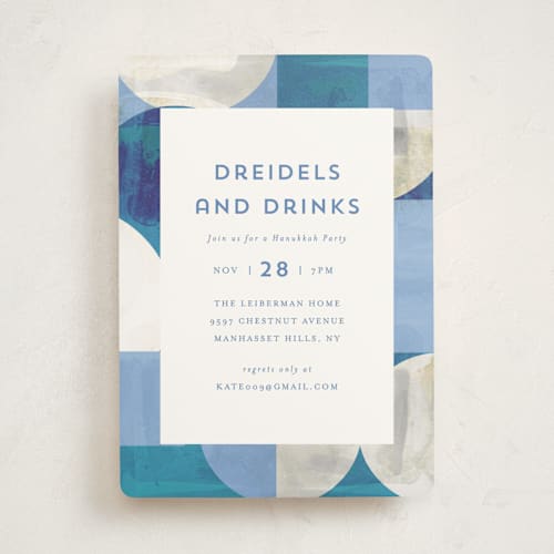 This is a dusty blue holiday party invitations with standard by AK Graphics called geo colorblock printing on signature in standard