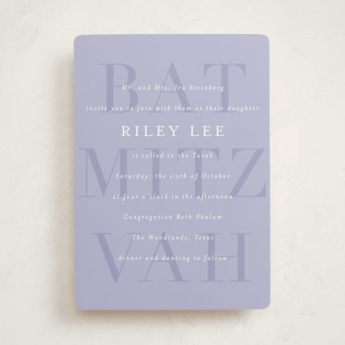 This is a lavender bar mitzvah bat mitzvah invitations with standard by Jackie Crawford called bold mitzvah printing on signature in standard