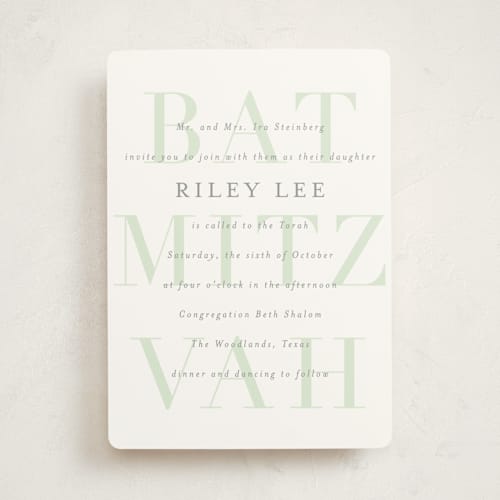 This is a mint bar mitzvah bat mitzvah invitations with standard by Jackie Crawford called bold mitzvah printing on signature in standard