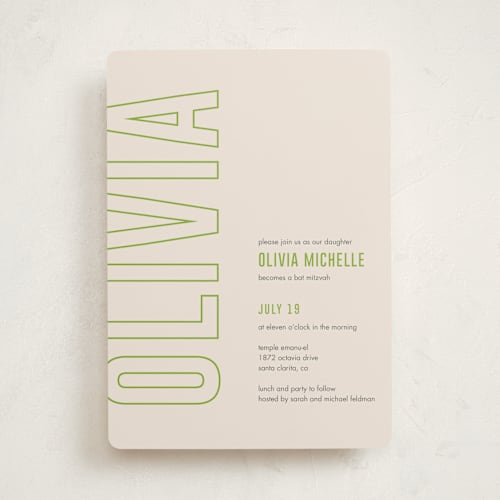 This is a grass bar mitzvah bat mitzvah invitations with standard by Ilene Guy called bold name printing on signature in standard