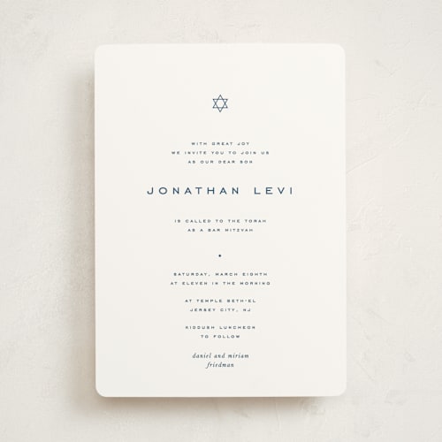 This is a navy bar mitzvah bat mitzvah invitations with standard by Blustery August called celebrate printing on signature in standard