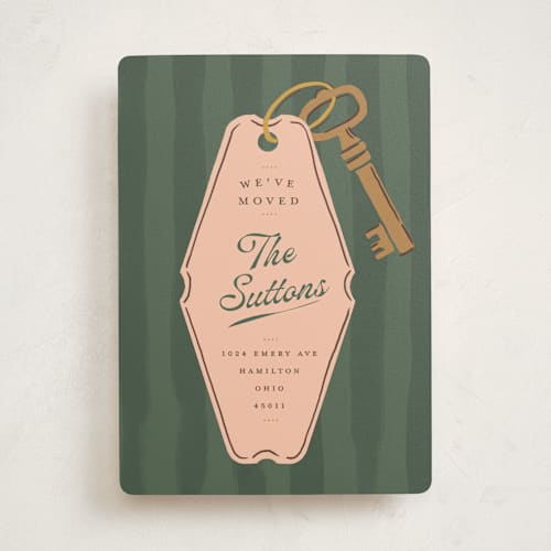 This is a kale moving announcements with standard by Susan Zinader called vintage key tag printing on signature in standard