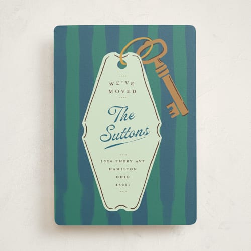 This is a peacock moving announcements with standard by Susan Zinader called vintage key tag printing on signature in standard