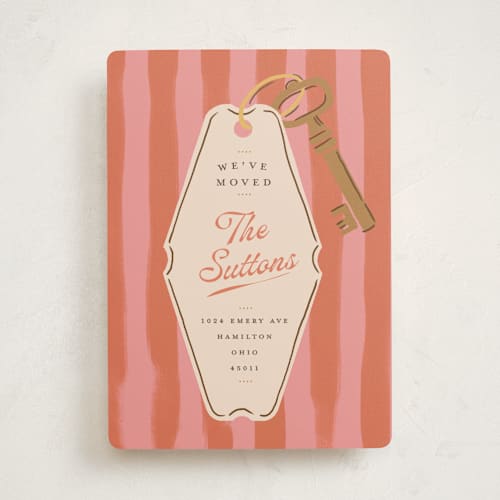This is a poppy moving announcements with standard by Susan Zinader called vintage key tag printing on signature in standard