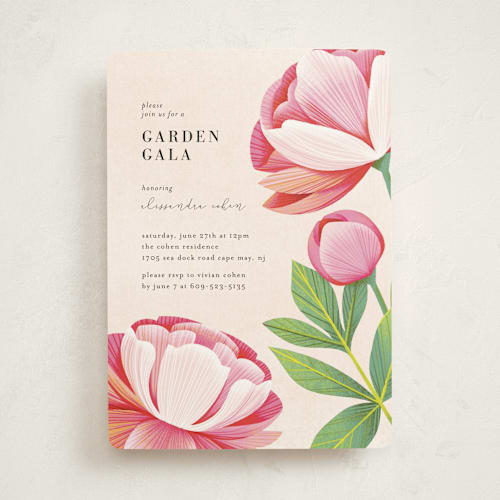 This is a cream party invitations with standard by Laura Moyer called a garden gala printing on signature in standard