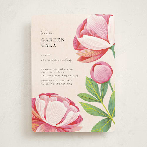 This is a cream party invitations with standard by Laura Moyer called a garden gala printing on signature in standard