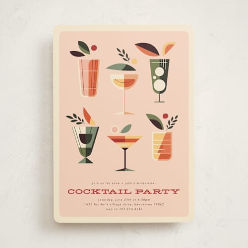 This is a peach fizz party invitations with standard by Three Kisses Studio called mid mod party printing on signature in standard