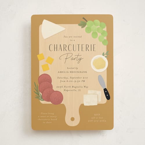 This is a mustard party invitations with standard by Kacey Kendrick Wagner called charcuterie party printing on signature in standard