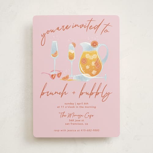 This is a coral party invitations with standard by Stephanie Acedillo called brunch and bubbly printing on signature in standard