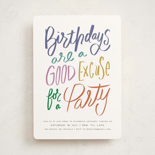 This is a rainbow party invitations with standard by Inkblot Design called good excuses printing on signature in standard
