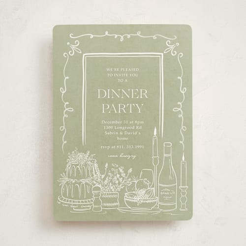 This is a reseda green party invitations with standard by Sabrin Deirani called table feast printing on signature in standard