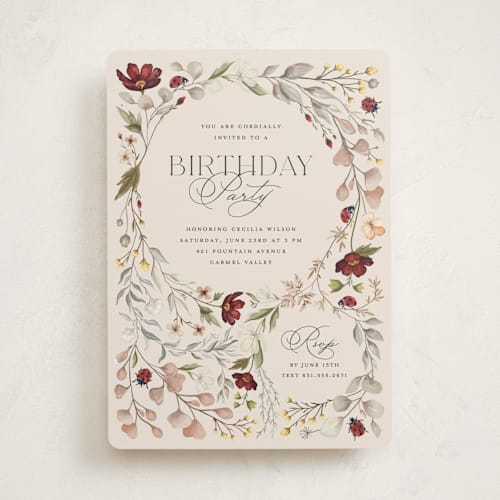 This is a cream party invitations with standard by Erin Deegan called ladybugs and wildflowers printing on signature in standard